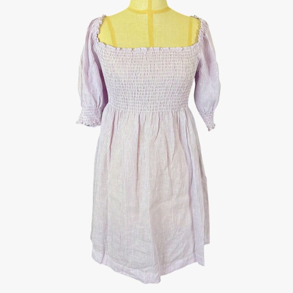 Hill House Athena Linen Nap Mini Dress S/S Purple Striped Smocked Pockets Sz S